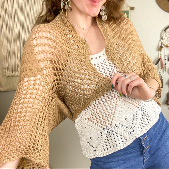 Crochet Knit Round Cropped Boho Sweater Cardigan Size Large - Picture 4 of 14